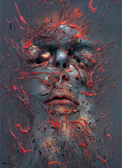 Prompt: a smooth grey cube being devoured by extremely detailed splatters of abstract paint, engulfed in flames in the style of james jean, pascal blanche, surreal, beksinski, high detailed