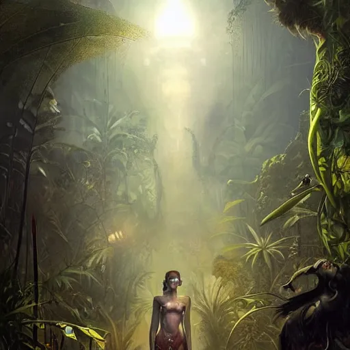 Prompt: a hyperrealistic illustration of a dark monster in a jungle, Jungle with fractal sunlight, award-winning, masterpiece, in the style of Tom Bagshaw, Cedric Peyravernay, Peter Mohrbacher