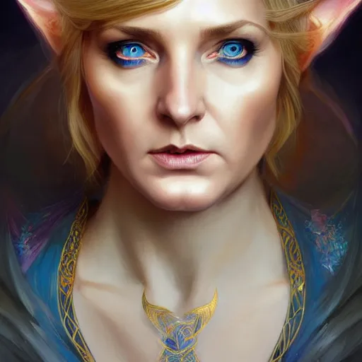 Image similar to half elf sorceress looking like angela merkel, D&D, blue eyes, blonde hair, fantasy, intricate, elegant, highly detailed, digital painting, artstation, concept art, smooth, sharp focus, illustration, art by artgerm and greg rutkowski and alphonse mucha