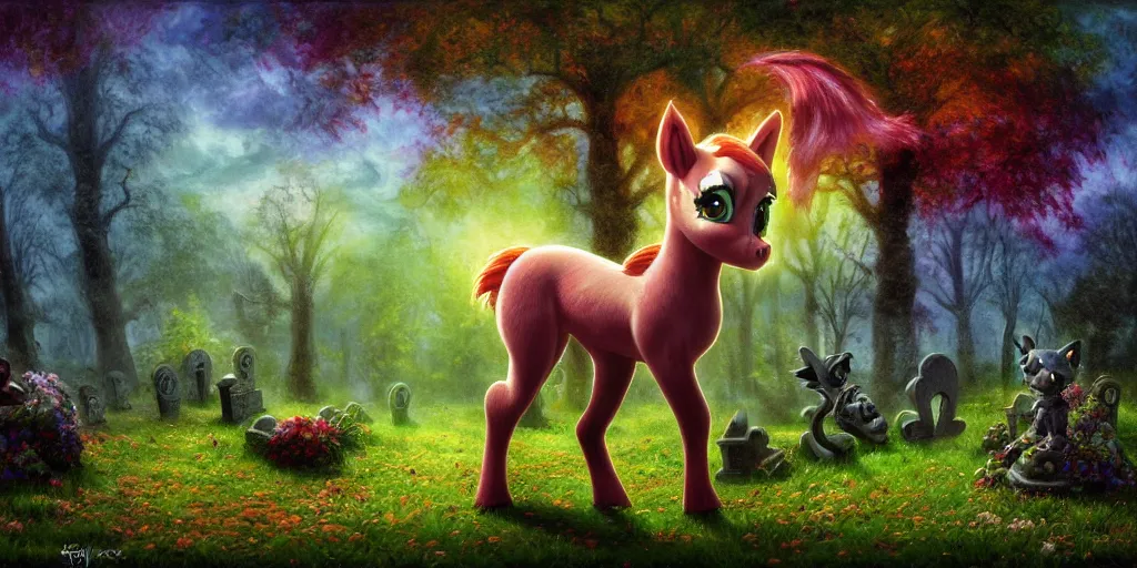 Prompt: 3 d littlest pet shop horse, realistic fur, faery, celtic, spooky, graves, crypt, flowers, storm, blues, greens, teals, dark contrast, spooky, master painter and art style of noel coypel, art of emile eisman - semenowsky, art of edouard bisson