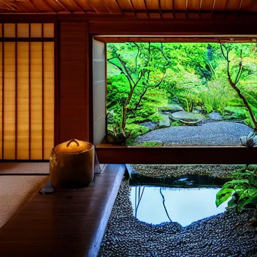 Prompt: inside a cozy dark wooden Japanese house with a indoor koi pond, bonsai trees, stream flowing through the house,fireflies, wild flowers, raining, bamboo forest, night time