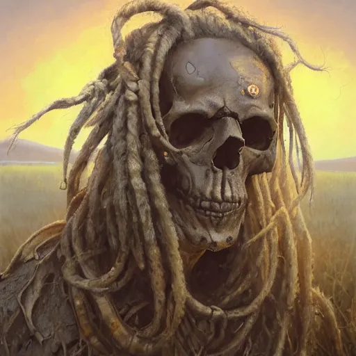 Prompt: a detailed and accurate masterpiece painting of a skull with white dreadlocks, white hair dreads deep in mud in a swamp at sunset, sharp detail, by tyler edlin, noah bradley, john j. park, jordan grimmer trending on artstation