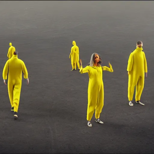 Image similar to futuristic world with people wearing yellow jump suits, 8 k resolution, cinematic lighting, anatomically correct