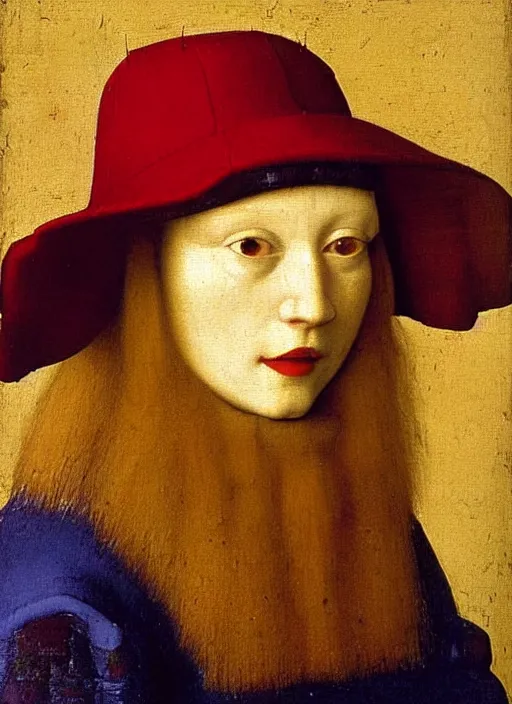 Image similar to red hat, medieval painting by jan van eyck, johannes vermeer