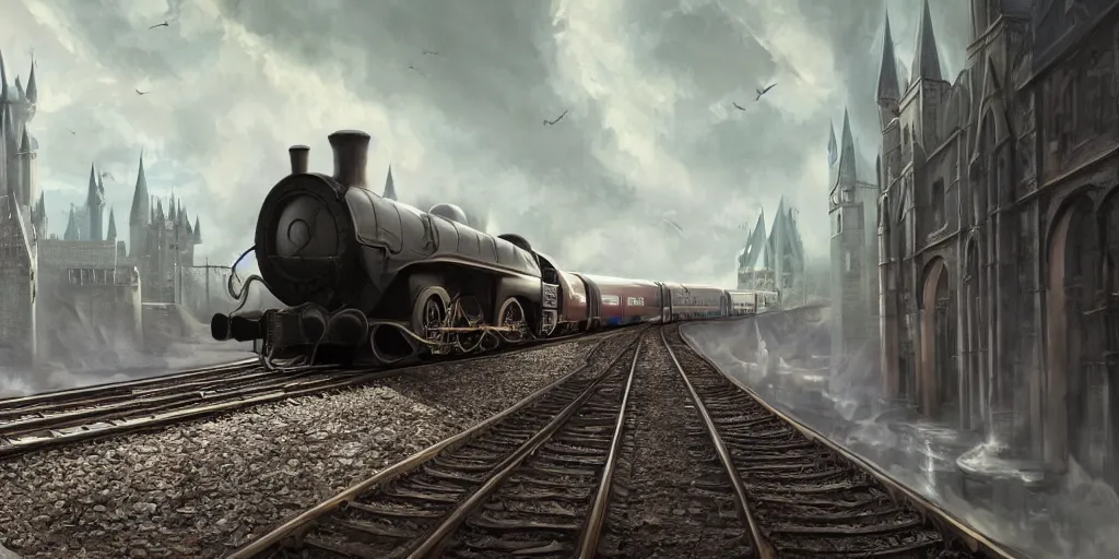 Image similar to mysterious painting of Hogwarts train, immaculate scale, hyper-realistic, Unreal Engine, Octane Render, digital art, trending on Artstation, 8k, detailed, atmospheric, immaculate