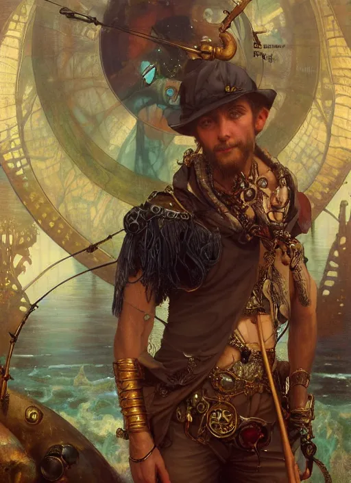 Image similar to hyper realistic fisherman, magical, gems, jewels, gold, steampunk, cyberpunk utopia, painted by tom bagshaw, mucha, gaston bussiere, craig mullins, j. c. leyendecker 8 k