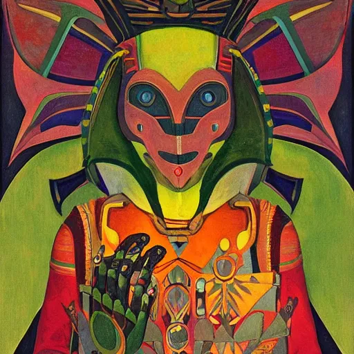 Image similar to robot wearing a luna moth mask, by annie swynnerton and nicholas roerich and leo and diane dillon and adolf wolfli and diego rivera, elaborate costume, little glowing lights, rich color, dramatic cinematic lighting, smooth, sharp focus, extremely detailed