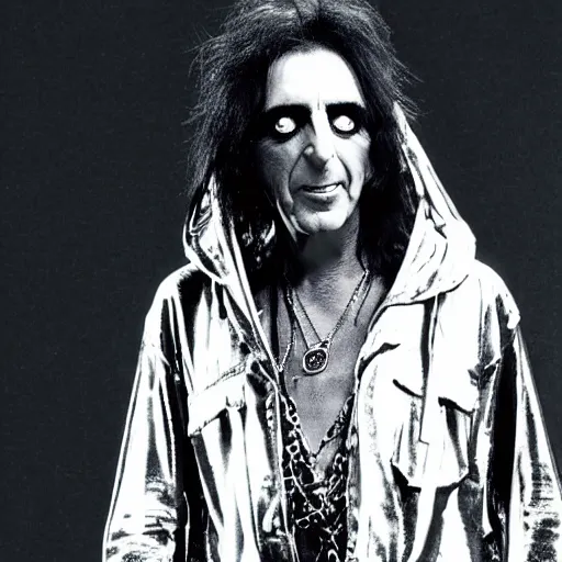 Image similar to alice cooper wearing a dark hooded cloak