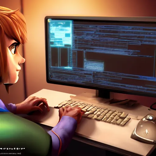 Image similar to Link from Zelda, sitting at a desk programming on a computer, close-up shot, cozy, elegant, realistic character concept, indoor lighting, hyperdetailed, high resolution, insanely detailed and intricate, Yusuke Nakano