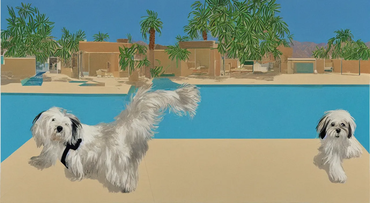 Prompt: a cream colored havanese dog at the swimming pool at a mid century modern house in palm springs by david hockney