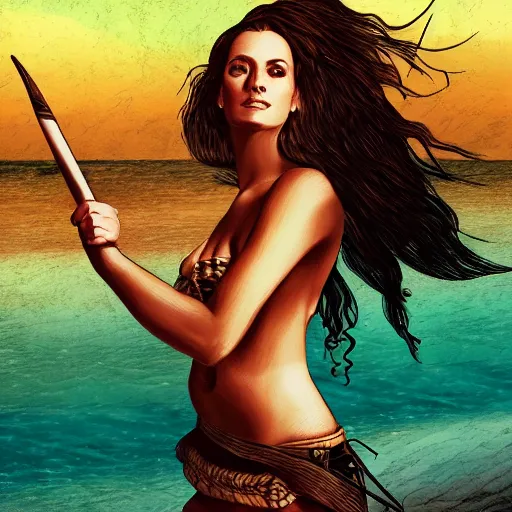 Image similar to !dream A beautiful woman warrior, faded background of a pirate ship at a deserted island, realism drawing