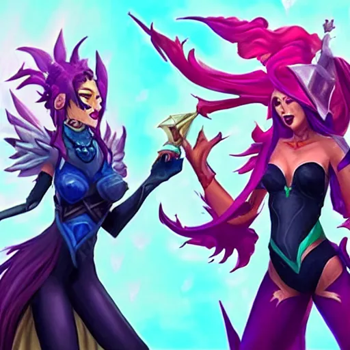 Image similar to league of legends, best friends, kai'sa and xayah, laughing