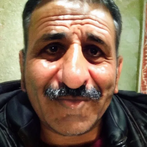 Image similar to my Kurdish dad accidentally taking a selfie with the front camera, squinting because the camera flash is so bright in his face