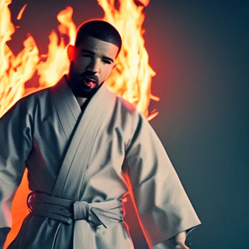 Prompt: cinematic film still of Drake starring as a Japanese Sensei with fire, Japanese CGI, VFX, 2022, 40mm lens, shallow depth of field, film photography