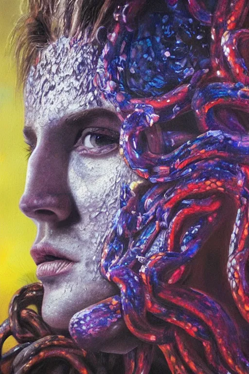 Image similar to hyperrealism oil painting, close - up portrait of face from a tangle of snakes fashion model, knight, street art gradient mixed with nebula sky, in style of baroque