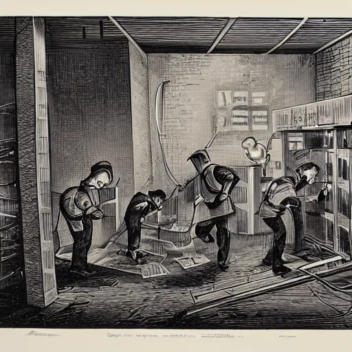 Prompt: Luddites set the server room on fire, lithograph