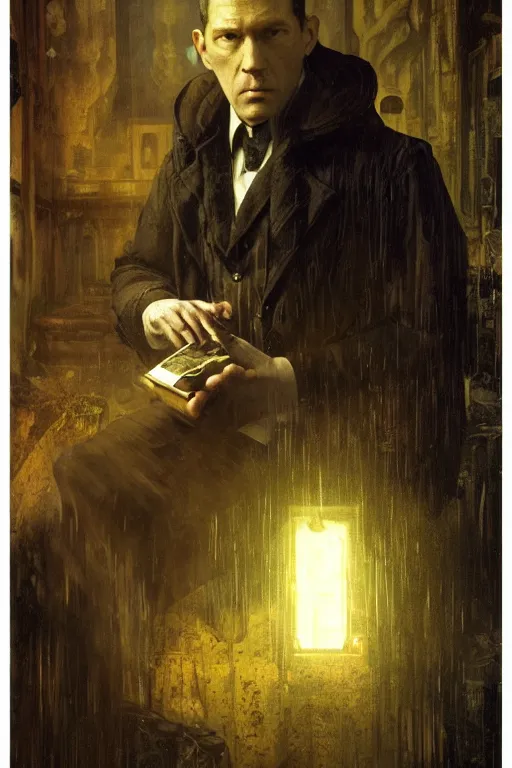 Image similar to , h p lovecraft reading an ancient tome at a victorian study hyperrealistic portrait, bladerunner street, art of elysium by jeremy mann and alphonse mucha and greg rutkowski, fantasy art, photo realistic, dynamic lighting, artstation, poster, volumetric lighting, very detailed face, 4 k, award winning