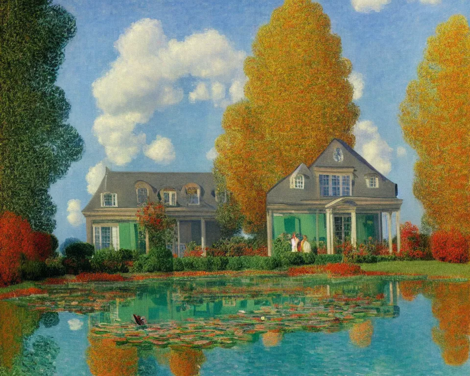 Image similar to achingly beautiful painting of a sophisticated, well - decorated pool house in fall by rene magritte, monet, and turner.