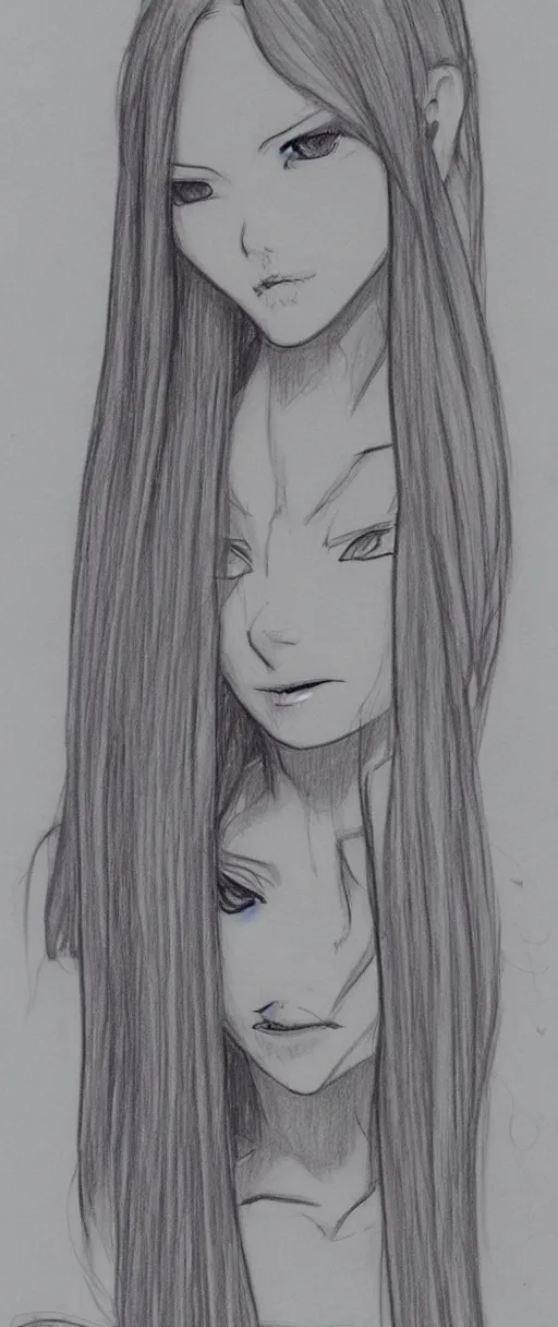 Image similar to a drawing of a woman with long hair, concept art by senior character artist, featured on pixiv, mingei, official art, concept art, full body