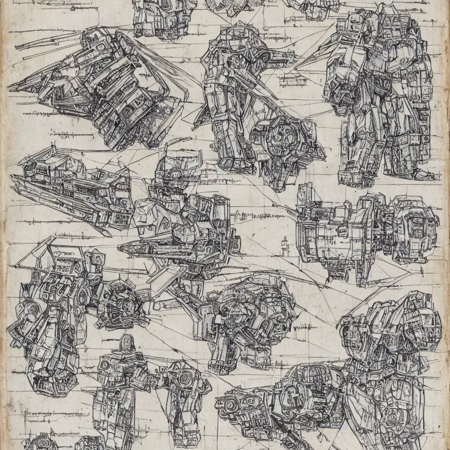 Prompt: leonardo da vinci intricate full page scan of detailed drawing diagram of a battle mech, sketch ink style on old parchment, HD scan, detailed