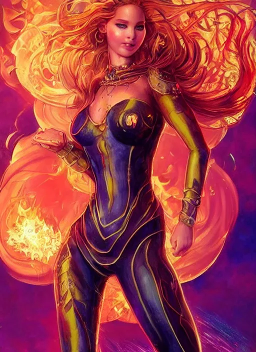Prompt: front portrait hands behind body pose of attractive Jennifer Lawrence as Starfire with ginger wavy hair, hands behind her body pose!, Intricate overlay flames imagery , D&D!, fantasy style, sharp focus!, ultra detailed, art by Artgerm and Peter Andrew Jones, WLUP