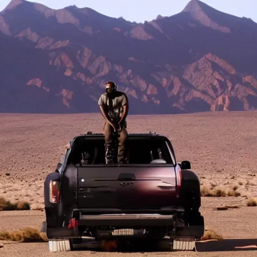 Prompt: kanye west performing a live concert on top of a moving car in the middle of a desert