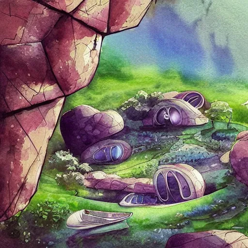 Image similar to beautiful happy picturesque charming sci - fi organic pod - like homes of the future in a beautiful natural scene. water, trees and rocks. beautiful light. soft colour scheme. beautiful artistic detailed watercolor by lurid. ( 2 0 2 2 )