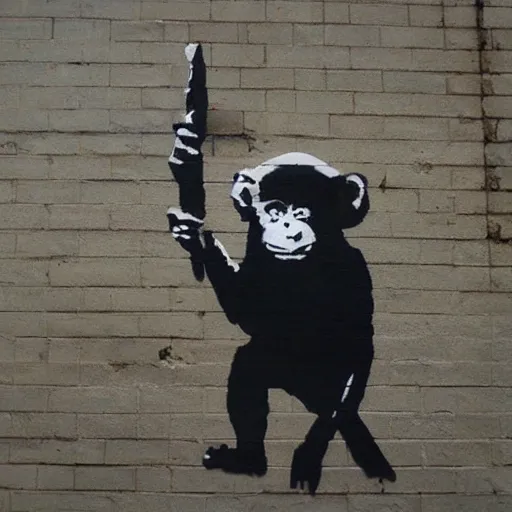 Image similar to banksy art monkey with sword, wall with city street background