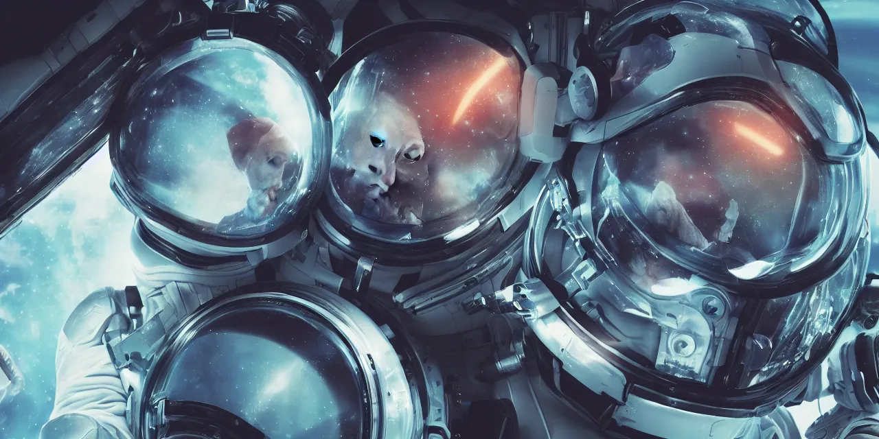 Image similar to Zoe Kravitz futuristic astronaut, clear helmet with HUD and small LED lights, inside large window of ship, spacesuit with small led lights, underwater in the ocean at night, clear water, bubbles, volumetric lighting, glowing lights, 4k, octane, digital painting, artstation, concept art, sharp focus, illustration, high contrast, high saturation , cinematic film still, art by artgerm and greg rutkowski and alphonse mucha , wide angle view,