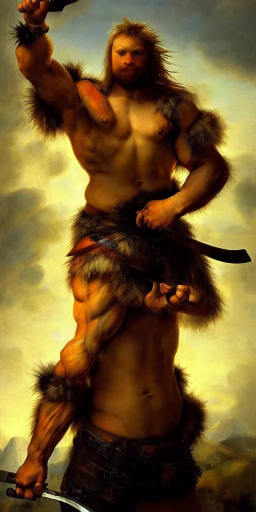 Prompt: muscular pikachu as barbarian hunter with chest armor and shiny sword , full human hairy body , backlight body , extreme very textured detailed panoramic portrait oil painting by rembrandt, sunset, dramatic clouds and cyan atmosphere