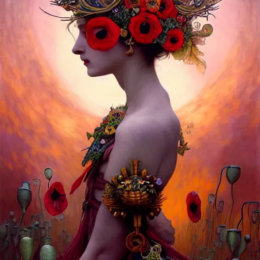 Image similar to poppy goddess unique non conventional beauty, surreal, fantasy, intricate, elegant, dramatic lighting, emotionally evoking symbolic metaphor, highly detailed, lifelike, photorealistic, digital painting, artstation, concept art, smooth, sharp focus, illustration, art by John Collier and Krenz Cushart and Artem Demura and Alphonse Mucha and Albert Aublet