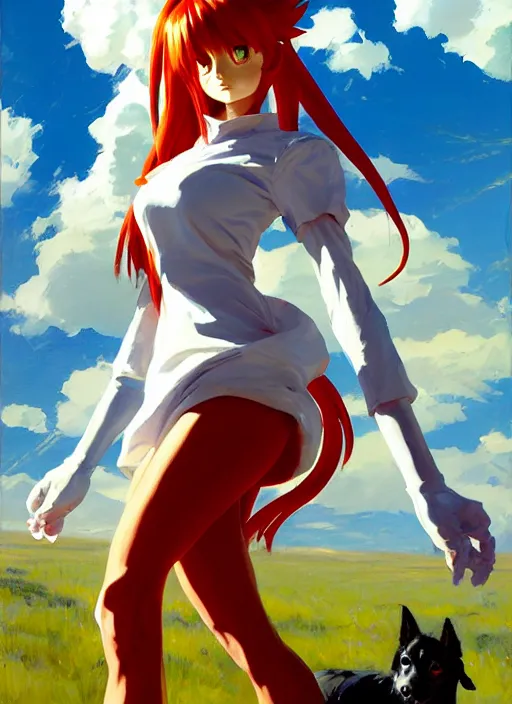 Image similar to Greg Manchess painting of Asuka Langley Soryu in a casual white dress out with the dogs, EVA unit-00 in the back, countryside, fantasy character portrait, dynamic pose, above view, sunny day, thunder clouds in the sky, artwork by Jeremy Lipkin and Giuseppe Dangelico Pino and Michael Garmash and Rob Rey, very coherent asymmetrical artwork, sharp edges, perfect face, simple form, wacky, 100mm