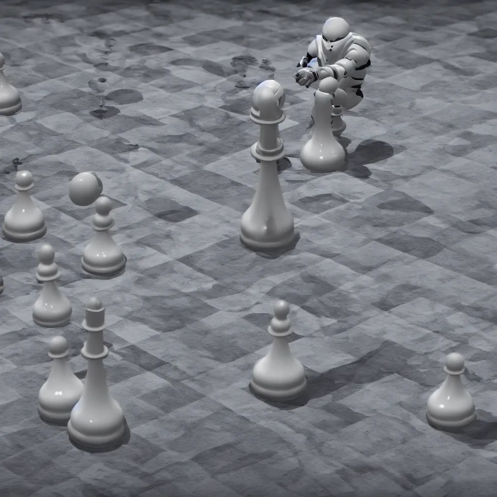 Prompt: white chess pawn with robot spider legs; rendered in unreal engine