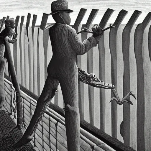 Prompt: an alligator in a fencing duel with a crocodile, highly detailed, 4K, by Chris van Allsburg