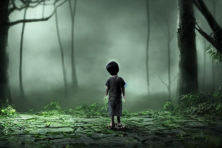 Prompt: a moody scene of a little boy talking with a spirit like a ghost in the middle of a rain forest at night, ultra realistic, style of