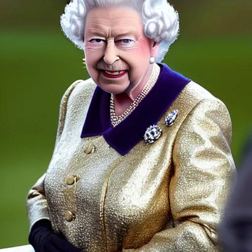 Prompt: queen elizabeth wearing a hoodie and a gold medal