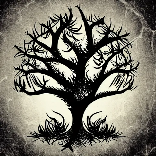 Image similar to dark death metal themed vector illustration for a record label, trees. forest, spikes, skull, microphone, skull, award winning, grunge, iconic, golden ratio