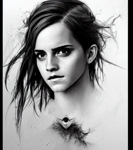 Image similar to emma watson, beautiful piercing eyes, realistic face, black and white drawing, in the style of greg rutkowski, fantasy, amazing detail, epic, intricate, elegant, smooth, sharp focus