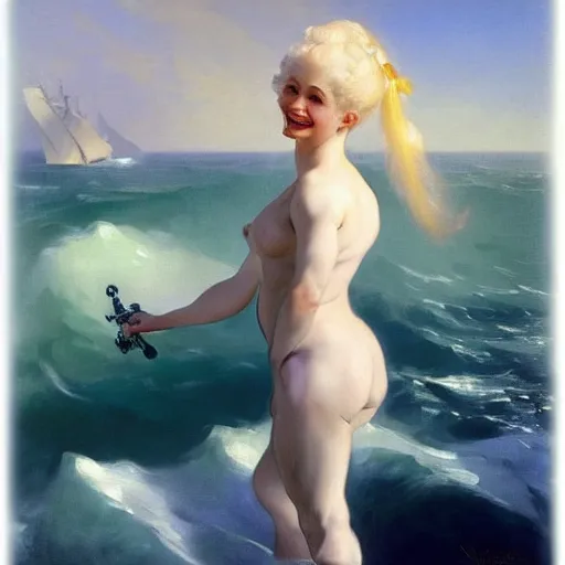 Prompt: painting of a buff cute albino female sailor woman with broad shoulders, flowing white hair, and a confident smile, ocean background. painting by john singer sargent and ivan aivazovsky, 4 k hd artstation