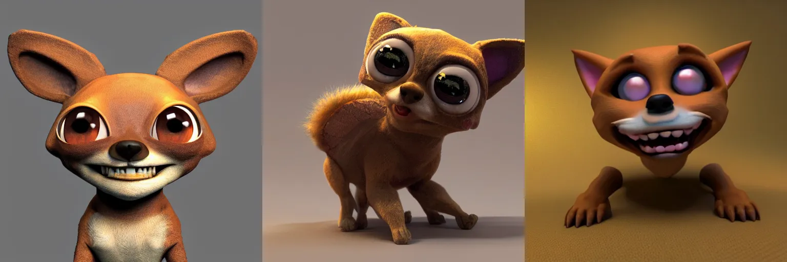 Prompt: Fox golem chihuahua with large eyes and a big smile, in pixar style, cinematic lighting, high detail, 3D render