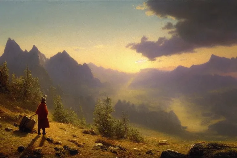 Prompt: a traveler wandering trough the mountains looking at the clouds, very detailed, oil painting, cinematic lighting, albert bierstadt, trending on artstation, colorful, canvas, sunset, hans dahl, theodor kittelsen, hermann hendrich