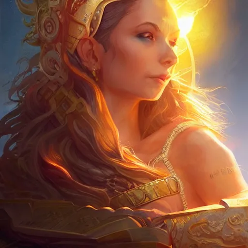 Image similar to solar goddess, d & d, fantasy, portrait, highly detailed, digital painting, trending on artstation, concept art, sharp focus, illustration, art by artgerm and greg rutkowski and magali villeneuve