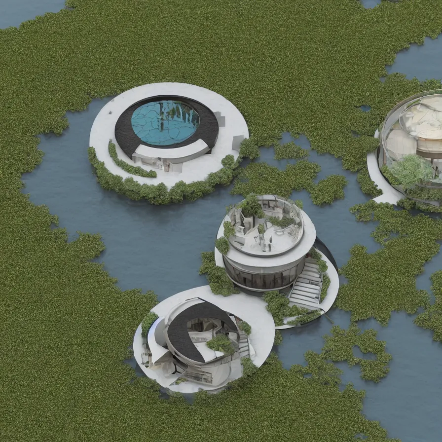 Image similar to architectural model, isometric view, 3 d render, studio lighting, low contrast, dark background, highly detailed, a circular house with circular courtyards floating on water at the sloping edge of a lake, tree