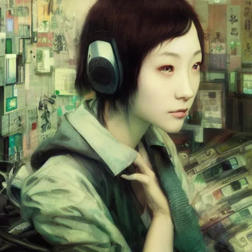 Prompt: beautiful portrait of lain iwakura, background room full of cables and computers by yoshitoshi abe, ruan jia and joao ruas, atmospheric, green and blue tones, 4 k