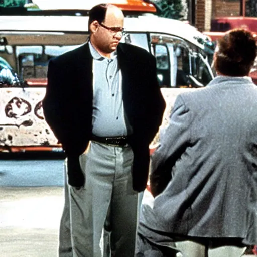 Prompt: George Costanza on Seinfeld as a gangster blood gang member
