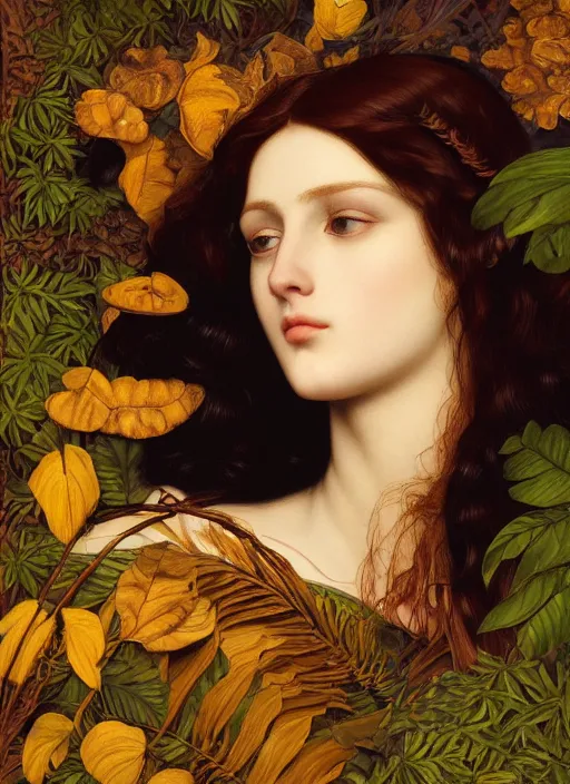 Image similar to masterpiece beautiful seductive flowing curves preraphaelite face portrait amongst leaves, extreme close up shot, straight bangs, thick set features, yellow ochre ornate medieval dress, raven, laying amongst foliage mushroom forest circle arch, frederic leighton and kilian eng and rosetti, 4 k