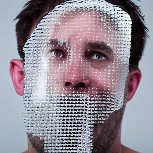 Image similar to portrait of a man who's face is made of bubble wrap plastic, he looks terrified