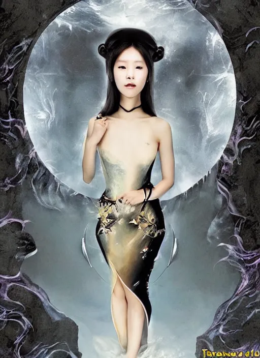 Prompt: Lee Jin-Eun as an evil sexy princess wearing sumptuous futuristic dress by Tran Nguyen, rule of thirds, seductive look, beautiful, submerged in lava