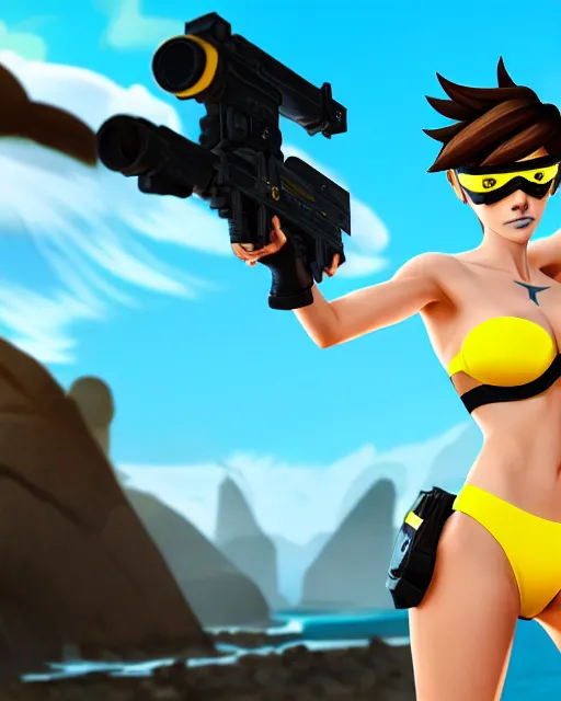 Image similar to tracer game character, in yellow bikini, blonde hair, black eyes, full height