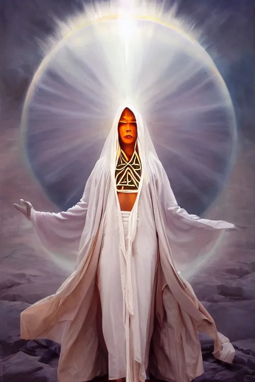 Image similar to transcendental meditation hooded robed cult woman, opening third eye, chakra energy waves resonating from her body, ethereal aura, epic surrealism 8k oil painting, portrait, perspective, high definition, post modernist layering, by Peter Kemp